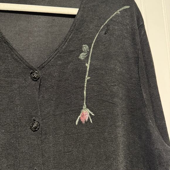 Bread Staley Gretzinger Black Slinky Cardigan Roses Art To Wear Lagenlook XL - Picture 4 of 8